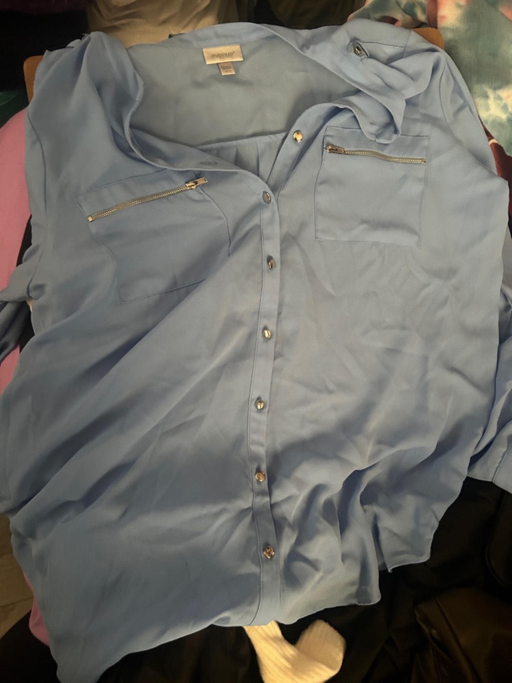 Avenue Light Blue Button-Up Blouse with Zip Pockets